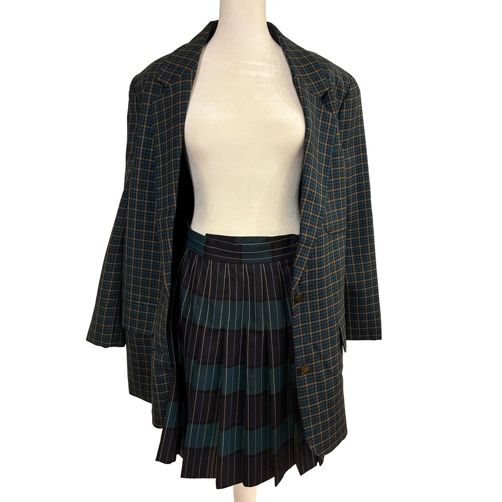 Vintage 90s Ellen Tracy Company C Plaid Wool Blazer & Skirt Set, Dark Academia